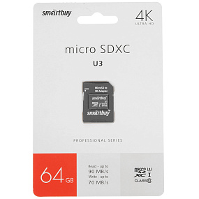 MicroSD 64Gb SmartBuy Class 10 U3 V30 A1 55/90 Mb/s +SD adapter
